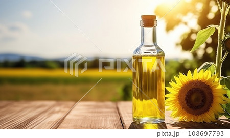 Organic sunflower oil in a small glass jar with sunflower fresh flowers on the table 108697793