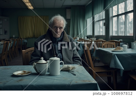 Elderly man sitting alone at a table, nursing home, loneliness Elderly man sitting alone at a table, nursing home, loneliness 108697812