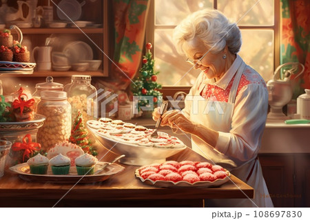 Retro illustration of a cozy kitchen with Grandma making Christmas cakes 108697830