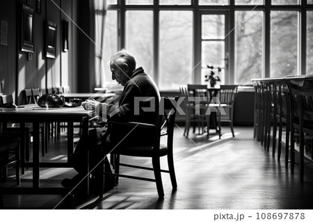 Elderly man sitting alone at a table, nursing home, loneliness Elderly man sitting alone at a table, nursing home, loneliness 108697878