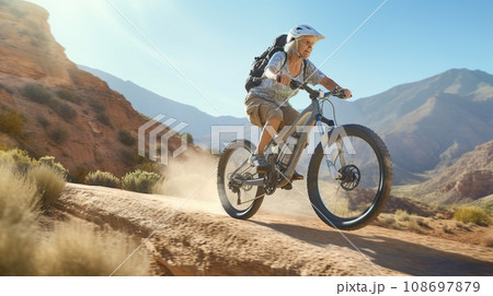 Old woman riding bicycle on beautiful mountain 108697879
