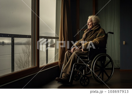 A man in a wheelchair sits against the window, lonely 108697913