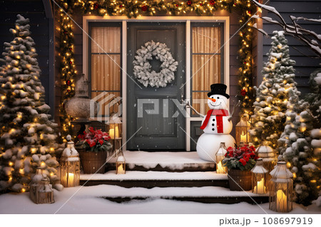 Cute and cozy house with Christmas decorations, snowman on the porch, Christmas wreath on the door Cute and cozy house with Christmas decorations, snowman on the porch, Christmas wreath on the door 108697919