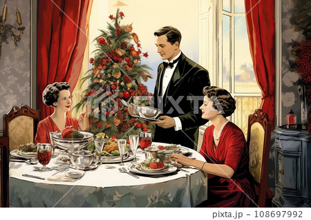 Vintage illustration of a family Christmas dinner Vintage illustration of a family Christmas dinner 108697992