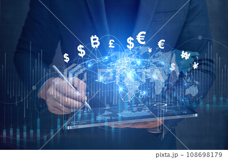 Financial Technology, Global business and Global currency exchange concept, money, finance, Businessman holding virtual world map and connection line effect, dollar yuan yen euro 108698179