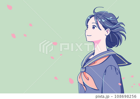 桜の花びら舞う中、やる気に満ちた女子生徒の横顔 108698256