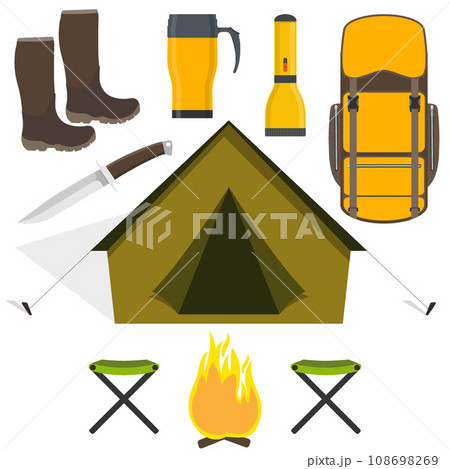 Set of camping equipment tent, backpack, fire, boots, flashlight, mug, knife, stool. Vector illustration in flat style. 108698269
