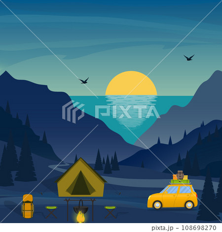 Tent, campfire, travel backpack, car among a mountainous landscape. Sea and sunset or sunrise on background. Beautiful vector illustration in flat style. 108698270