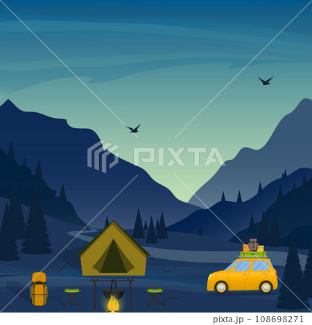 Tent, campfire, travel backpack, car among a mountainous landscape. Beautiful vector illustration in flat style. Tent, campfire, travel backpack, car among a mountainous landscape. Beautiful vector illustration in flat style. 108698271