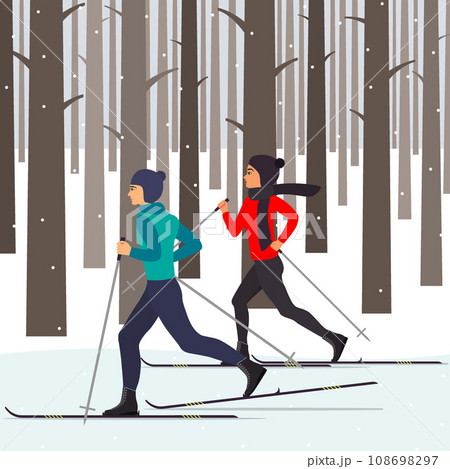 Man and woman skiers in motion in a snowy winter forest among the trees. Vector illustration in flat style. 108698297