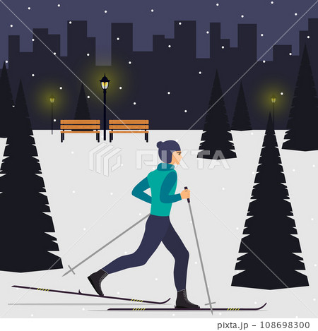 Man skier in motion in a snowy city park among the fir trees. Cross country skiing man. Young man on skies in the city. Vector illustration in flat style. 108698300