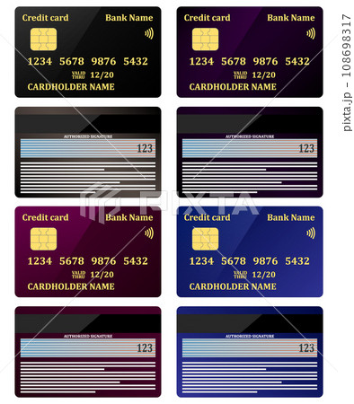 Realistic credit cards, view from both sides, set. Vector illustration, isolated. 108698317