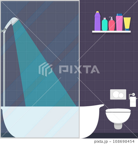 Cute bathroom in flat style shower, bath, shelf with soap, shampoo, conditioner, toilet and toilet paper. Vector illustration. 108698454