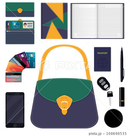 Woman s handbag and contents. Diary, wallet, bank cards, pen, smartphone, passport, car keys, lipstick, powder. Vector illustration. 108698535