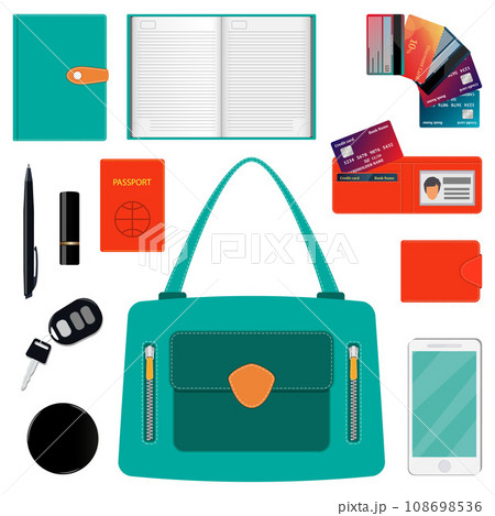 Woman s handbag and contents. Diary, wallet, bank cards, pen, smartphone, passport, car keys, lipstick, powder. Vector illustration. Woman s handbag and contents. Diary, wallet, bank cards, pen, smartphone, passport, car keys, lipstick, powder. Vector illustration. 108698536