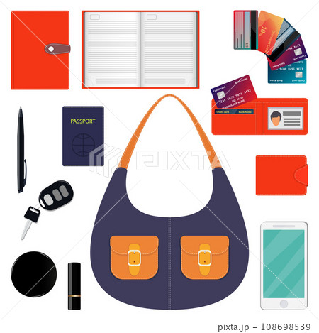 Woman s handbag and contents. Diary, wallet, bank cards, pen, smartphone, passport, car keys, lipstick, powder. Vector illustration. 108698539