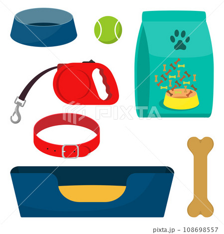 Pet care accessory, set. Collar, bone, bowl, food, ball, a deckchair. Flat style vector illustration, isolated. 108698557