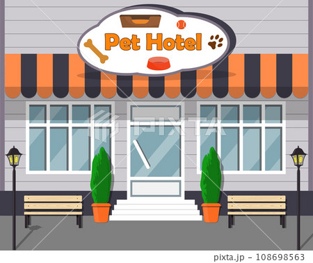 Cute cartoon building of Pet Hotel for dogs and cats. Vector flat illustration. 108698563
