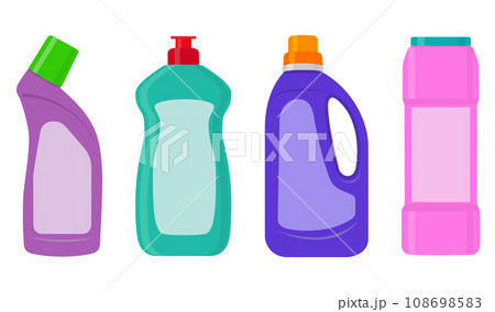 The bottles of detergent, washing powder, detergent powder, bottle of spray, a means for washing dishes. A simple illustration in the flat style, isolated on white background. The bottles of detergent, washing powder, detergent powder, bottle of spray, a means for washing dishes. A simple illustration in the flat style, isolated on white background. 108698583