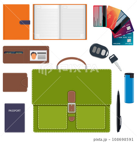 Men s briefcase and its contents. Men s bag and a common set of objects carry with them. Diary, wallet, bank cards, car keys, passport, lighter, pen. Vector illustration. 108698591