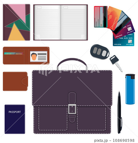 Men s briefcase and its contents. Men s bag and a common set of objects carry with them. Diary, wallet, bank cards, car keys, passport, lighter, pen. Vector illustration. 108698598