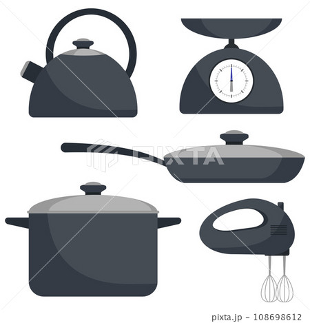 Kitchen utensils, set. Frying pan, saucepan, kettle, mixer, scales. Vector flat illustration. Kitchen utensils, set. Frying pan, saucepan, kettle, mixer, scales. Vector flat illustration. 108698612