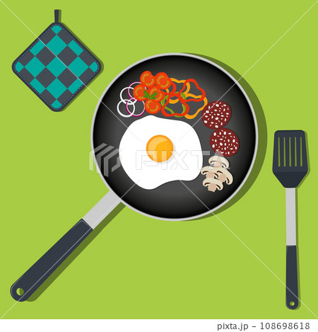 Traditional Breakfast. Scrambled eggs with vegetables and sausage on frying pan. Vector illustration in flat style. Traditional Breakfast. Scrambled eggs with vegetables and sausage on frying pan. Vector illustration in flat style. 108698618