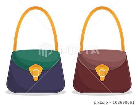 Collection of stylish colorful leather handbags with white stitching. Fashionable women s bags isolated on white background. Vector illustration in flat style. 108698661