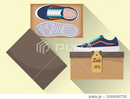 Stylish modern sneakers in box, side and top view. The price tag with a discount of 50 percent. Sports or casual shoes. Illustration for a shoe store. Vector flat illustration. Stylish modern sneakers in box, side and top view. The price tag with a discount of 50 percent. Sports or casual shoes. Illustration for a shoe store. Vector flat illustration. 108698730