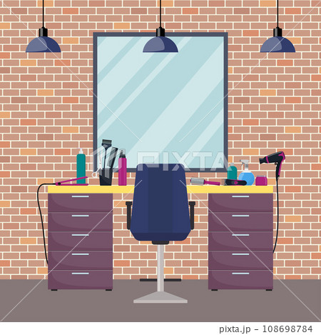Hairdresser s workplace in woman beauty hairdressing salon. Chair, mirror, table, hairdressing tools, cosmetic products for hair care. Barber shop interior. Flat style vector illustration. Hairdresser s workplace in woman beauty hairdressing salon. Chair, mirror, table, hairdressing tools, cosmetic products for hair care. Barber shop interior. Flat style vector illustration. 108698784