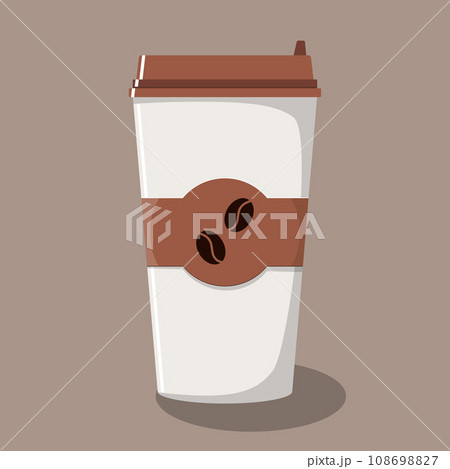 Paper coffee Cup with lid and emblem with coffee beans. Take-away coffee. Coffee to go. Vector illustration in flat style. 108698827