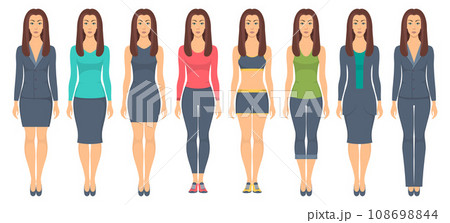 Beautiful young woman standing in full growth in different clothes, formal, business, everyday, sports. Woman in elegant and casual clothes. Basic wardrobe. Vector illustration, isolated. 108698844