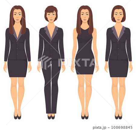 Beautiful young woman standing in full growth in different formal clothes. Woman in elegant and casual clothes. Basic wardrobe. Vector illustration, isolated. 108698845