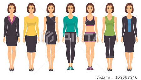 Beautiful young woman standing in full growth in different clothes, formal, business, everyday, sports. Woman in elegant and casual clothes. Basic wardrobe. Vector illustration, isolated. 108698846