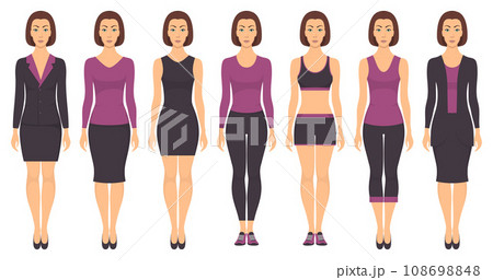 Beautiful young woman standing in different clothes, formal, business, everyday, sports. Woman in elegant and casual clothes. Basic wardrobe in two colors. Vector illustration, isolated. 108698848