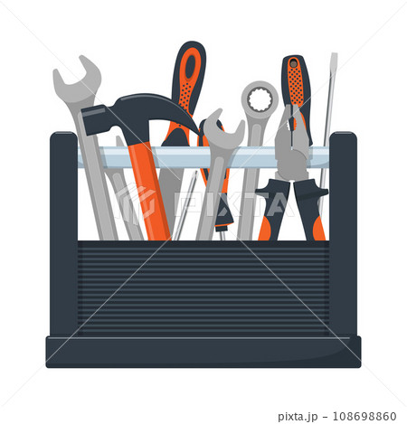 Tool box with collection of carpentry, mechanic, locksmith tools. Wrench, screwdriver, hammer, rasp, pliers. Vector illustration, isolated. 108698860