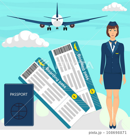 Travel concept with stewardess woman in blue uniform, flight tickets, passport, airplane in the sky on background. Vector illustration. Travel concept with stewardess woman in blue uniform, flight tickets, passport, airplane in the sky on background. Vector illustration. 108698871