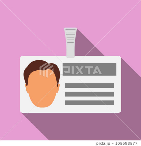 Name tag badge with man s head silhouette. Plastic horizontal badge with clasp. Name card icon with shadow. Vector illustration in flat style. 108698877