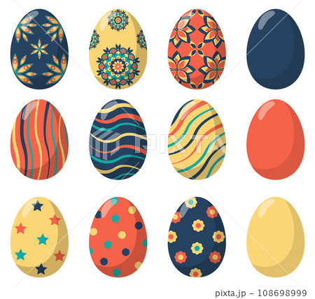 Easter eggs decorated with various simple and complex patterns, set. Vector illustration in flat style. Easter eggs decorated with various simple and complex patterns, set. Vector illustration in flat style. 108698999