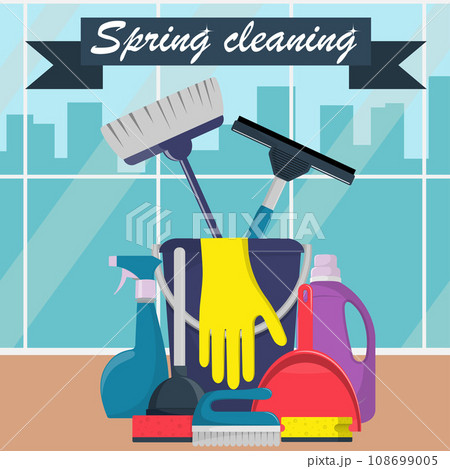 Spring cleaning concept. Bucket, scoop and brush for sweeping, washing powder, bottle of spray, sponge, brush, glass scraper, rubber gloves. Big window and city on background. Vector illustration. 108699005