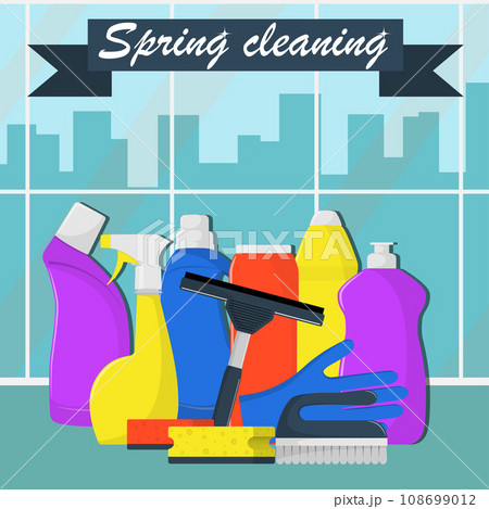 Spring cleaning concept. Bottles of detergent, washing powder, bottle of spray, cleaning sponge, cleaning brush, glass scraper, rubber gloves. Big window and city on background. Vector illustration. Spring cleaning concept. Bottles of detergent, washing powder, bottle of spray, cleaning sponge, cleaning brush, glass scraper, rubber gloves. Big window and city on background. Vector illustration. 108699012