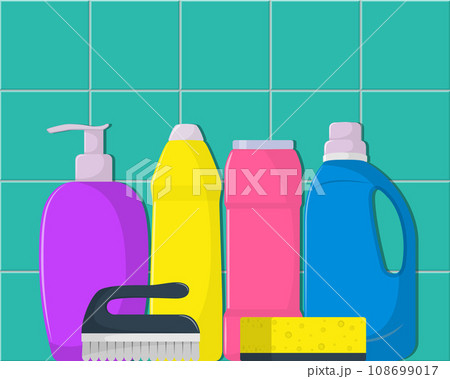 The bottles of detergent, washing powder, detergent powder, bottle of spray, cleaning sponge, cleaning brush. Cleaning services concept. Vector illustration, flat style, isolated. 108699017