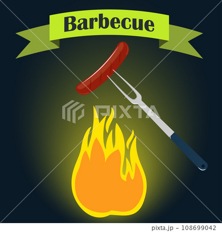 Barbecue party invitation card design template. Fire, sausage, fork. Vector illustration, flat style. 108699042
