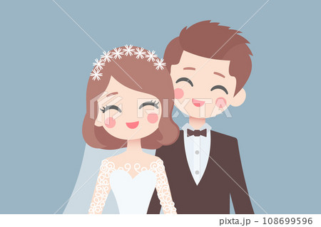 Wedding marriage ceremony, happy cute Bride and groom at wedding, Young love couple getting married, valentine day and matrimony invitation card concept, love vector illustration 108699596