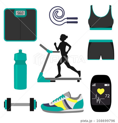 Silhouette of a girl running on a treadmill and Jogging attributes. Scales, smart watch, dumbbell, jump rope, water bottle, sports bra and shorts. Silhouette of a girl running on a treadmill and Jogging attributes. Scales, smart watch, dumbbell, jump rope, water bottle, sports bra and shorts. 108699796
