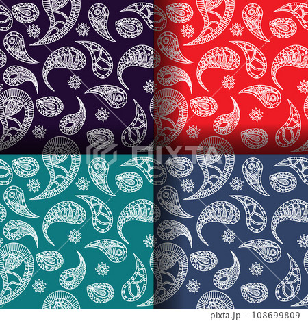 Hand drawn seamless pattern with white doodle elements on multicolor backgrounds. Set of backgrounds, vector illustration. 108699809