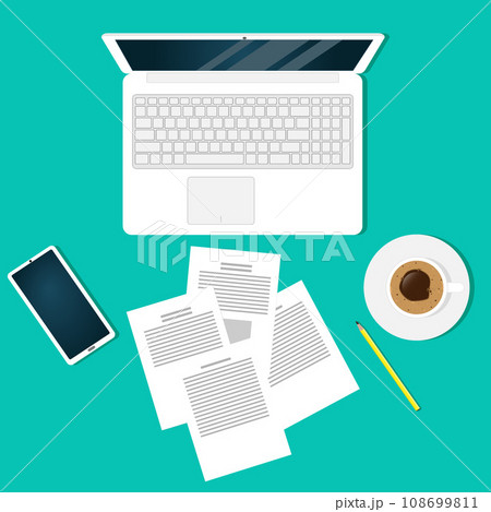 Modern workplace office worker, freelancer, businessman, top view. Laptop, documents, pencil, calculator, smartphone, cup of coffee. Modern workplace office worker, freelancer, businessman, top view. Laptop, documents, pencil, calculator, smartphone, cup of coffee. 108699811