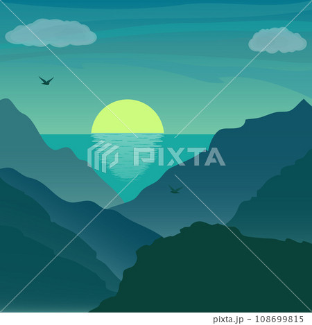 Sunrise under the sea in mountains. Beautiful landscape in flat style. Mountaineering and traveling vector illustration. Vacation and outdoor recreation concept. 108699815