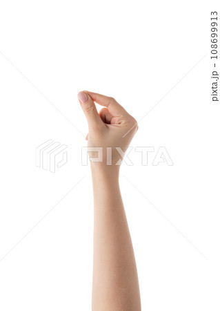 Young female right hand hold something thin or small isolated on white Young female right hand hold something thin or small isolated on white 108699913