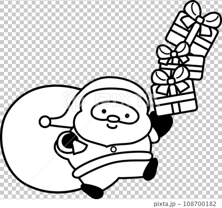 聖誕老人微笑著為著色頁提供禮物的黑白線畫 108700182
